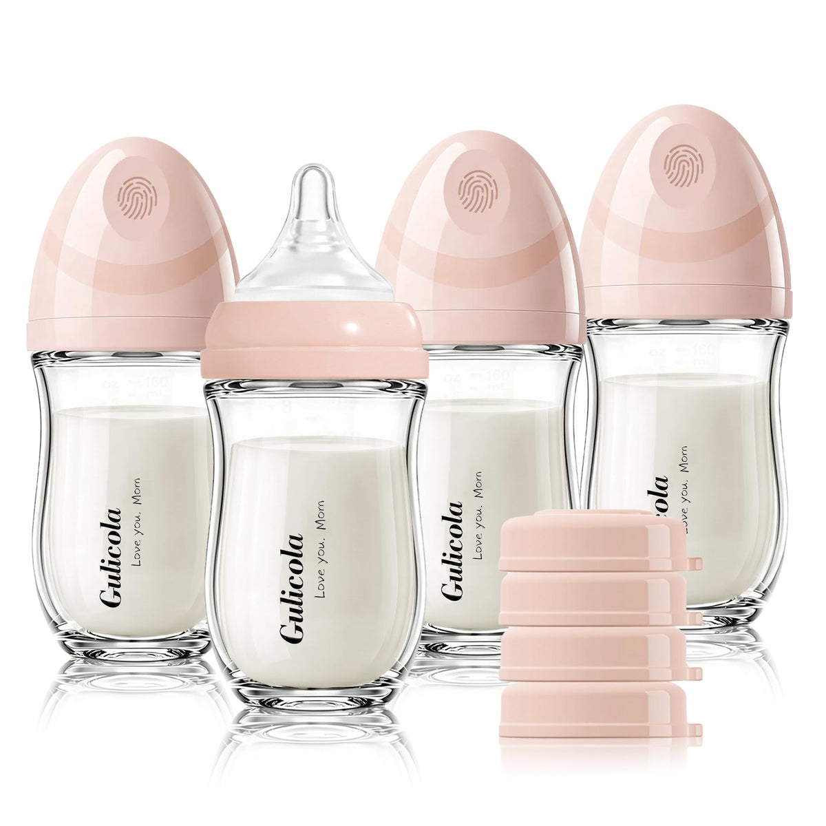 Gulicola Natural Glass Baby Bottle 4 Pack, Newborn Breastfeeding Bottles Set, Extra Slow Flow Nipples (SS), Anti Colic, 0 Months+, 5 oz - Pink