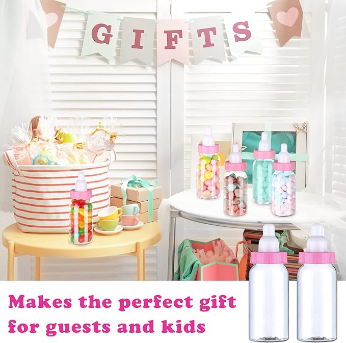 60 Pcs 4.5 Inch Baby Mini Milk Bottle Baby Shower Favor Fillable Feeding Bottle Candy Box Small Plastic Candy Container DIY Gift for Boy Girl Newborn Baptism Party Decor (Pink)