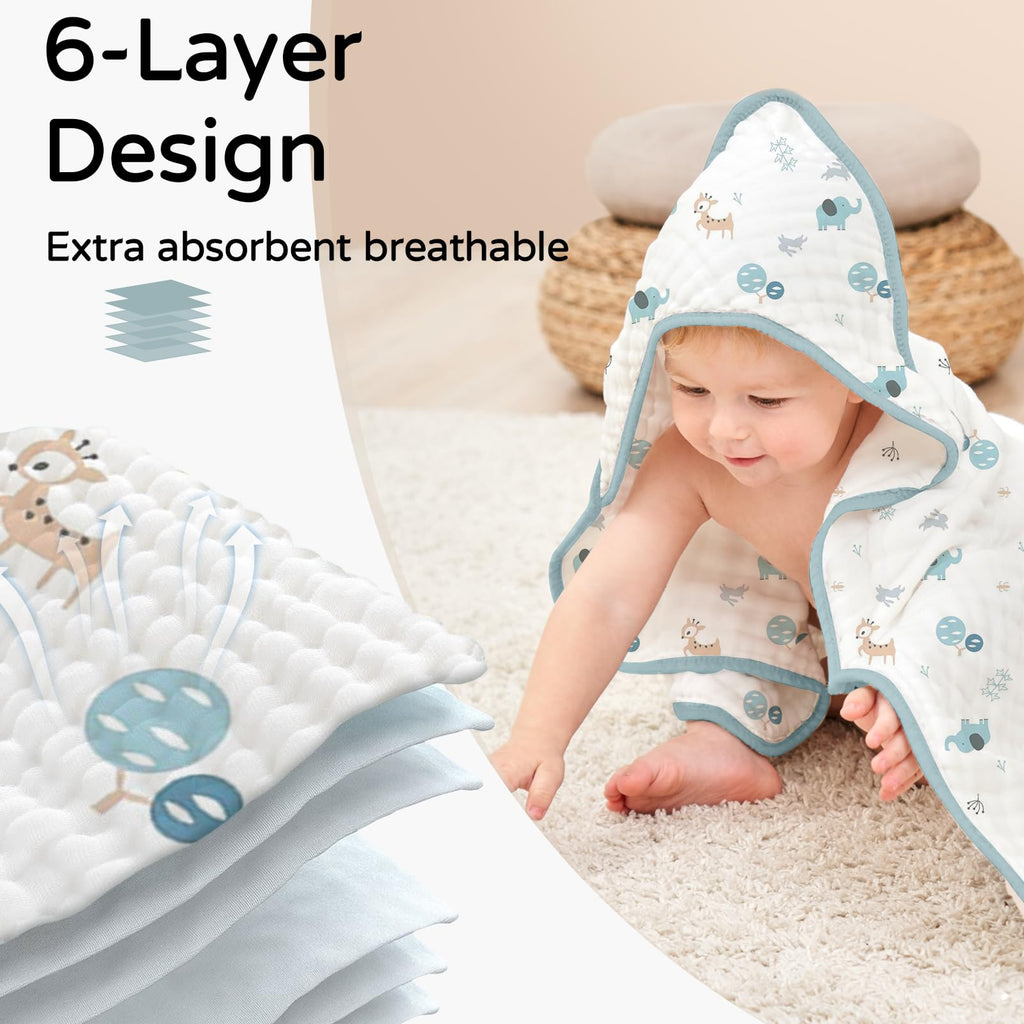 Yoofoss Hooded Baby Towels for Newborn 2 Pack 100% Muslin Organic Cotton Baby Bath Towel with Hood for Babies, Infant, Toddler and Kids, 32x32Inch, Soft and Absorbent Newborn Essential,Blue Elephant