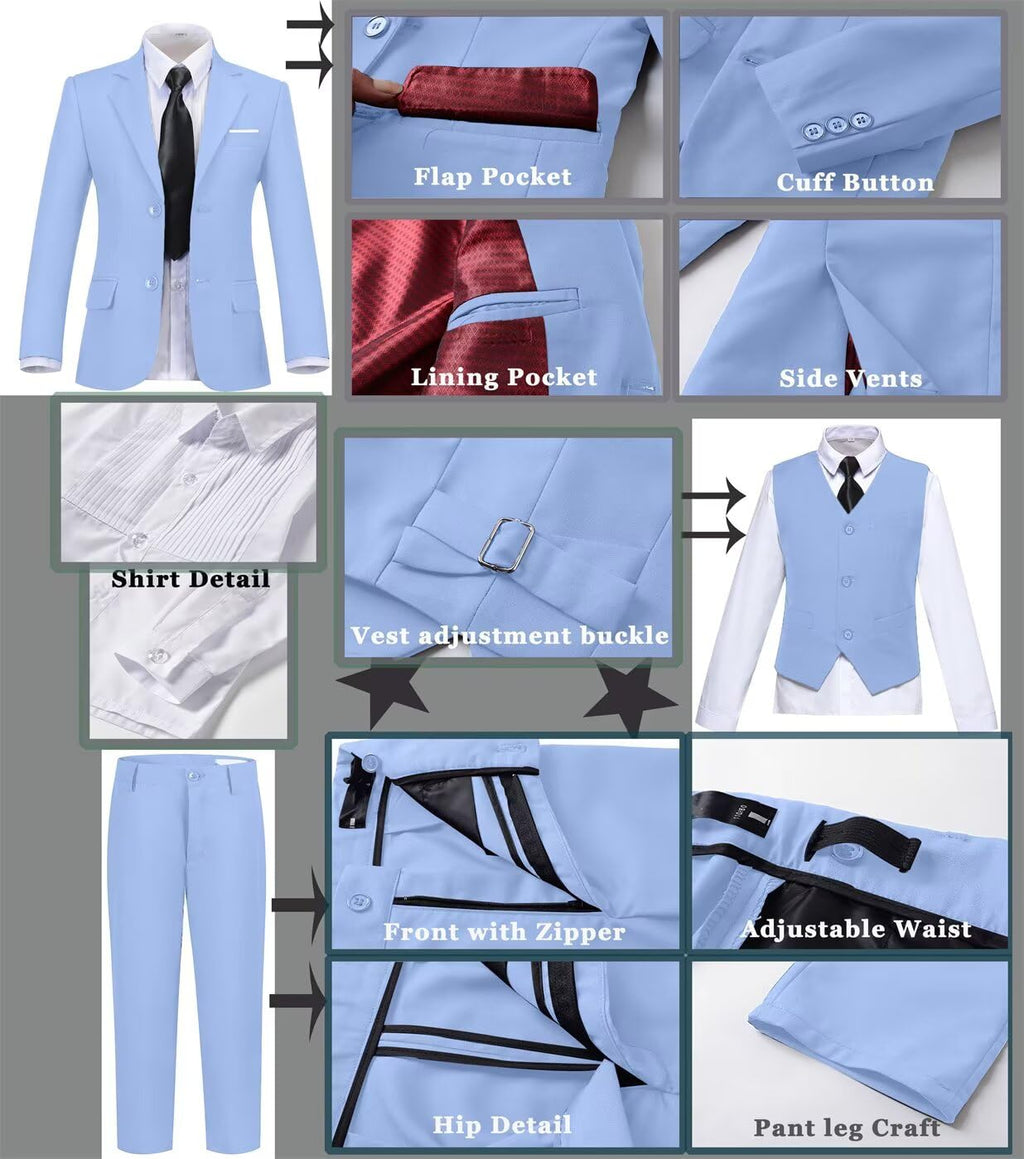 Boys Suit Slim 6 Piece Formal Kids Tux Suits Prom Boy Outfit Sky Blue 3