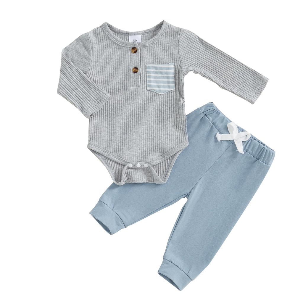 fhutpw Baby Boy Clothes 3 6 12 18 Months Ribbed Knitted Long Sleeve Romper and Pants Sets Newborn Fall Splicing Color Outfits (Y Gray & Blue, 0-3 Months)