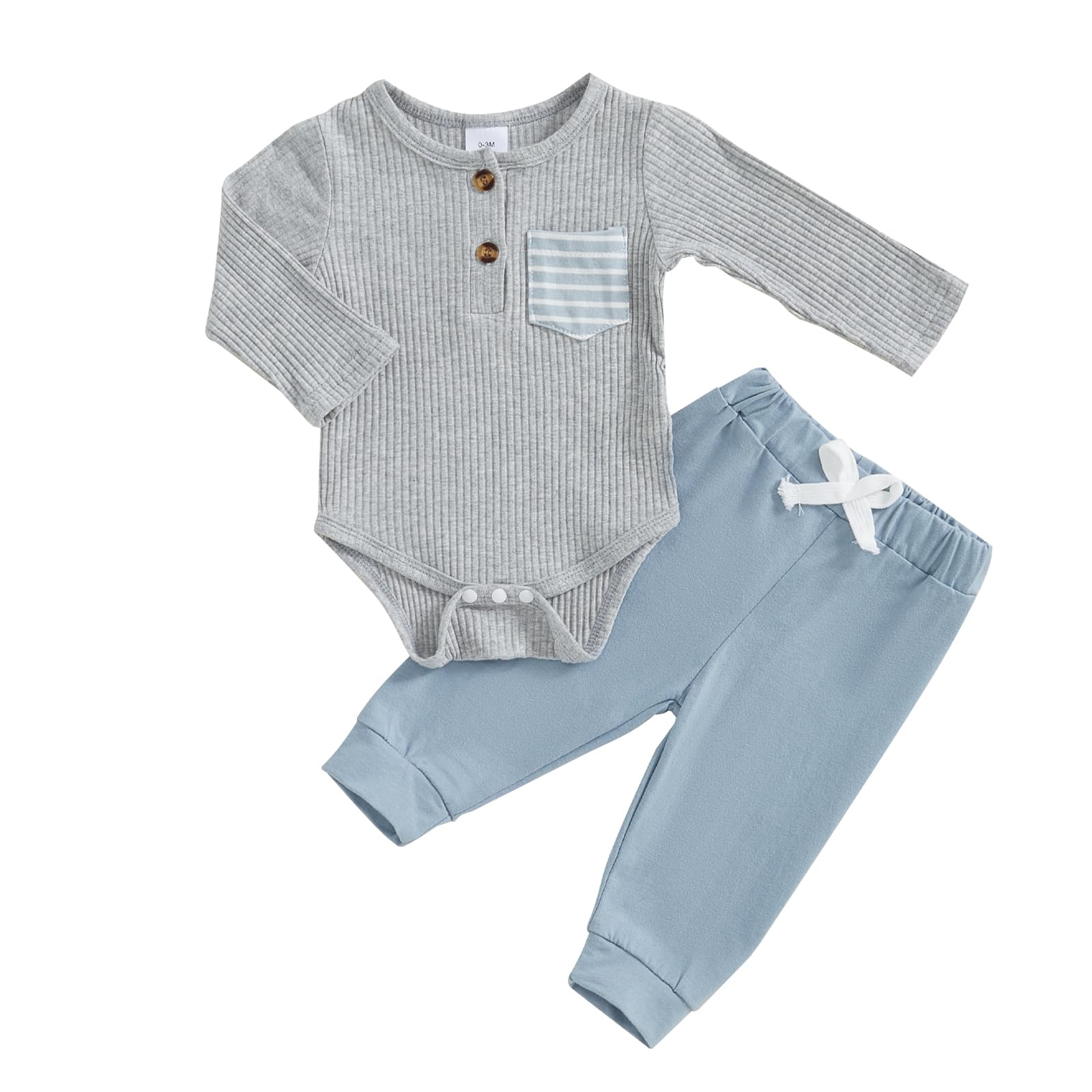 fhutpw Baby Boy Clothes 3 6 12 18 Months Ribbed Knitted Long Sleeve Romper and Pants Sets Newborn Fall Splicing Color Outfits (Y Gray & Blue, 0-3 Months)