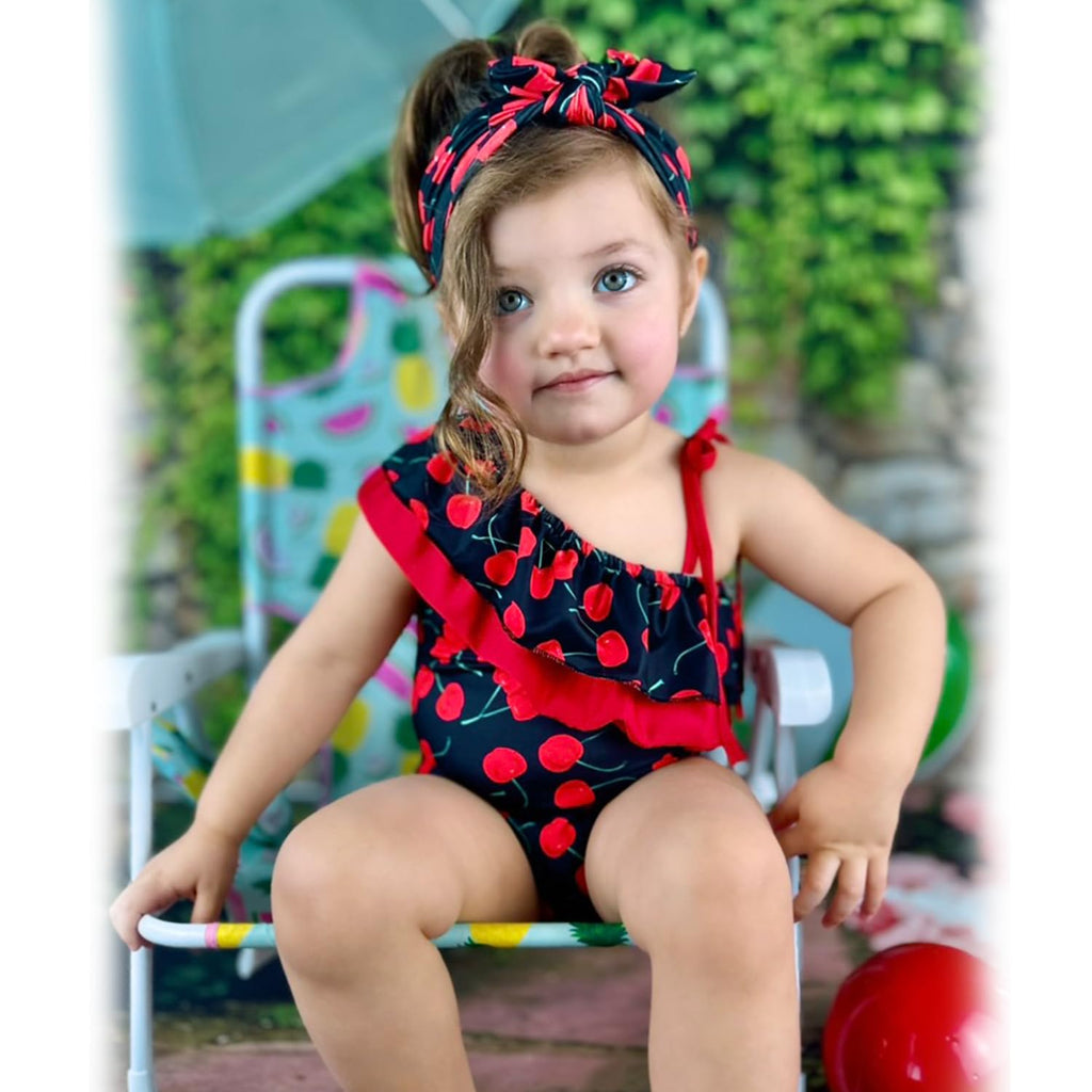 HINTINA 12 Month Baby Girls One Piece Swimsuits Infant Cherry Bathing Suit Off Shoulder Swimwear Swimming Beach Wear with Headband 12-18 Months