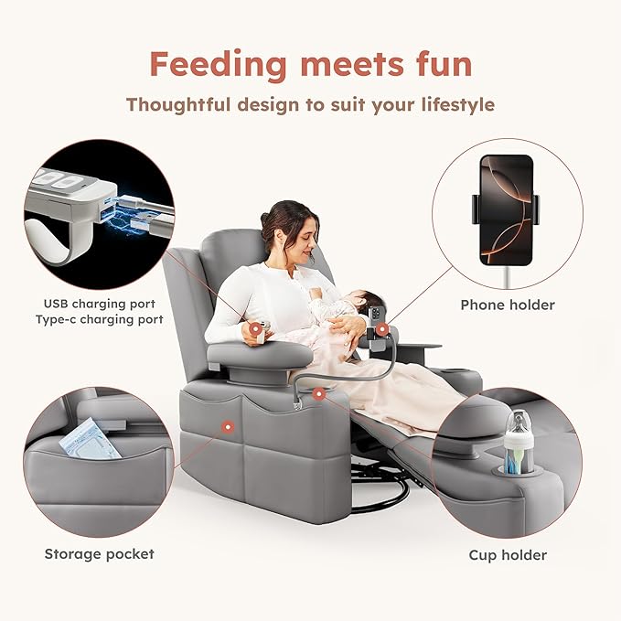 MAMAZING Oversized Rocking Chair Nursery with Adjustable Armrests, Electric Glider Recliner Nursing Chair for Breastfeeding, Power Swivel Recliner Chairs, Oeko-TEX & FSC Certified(Urban Gray)