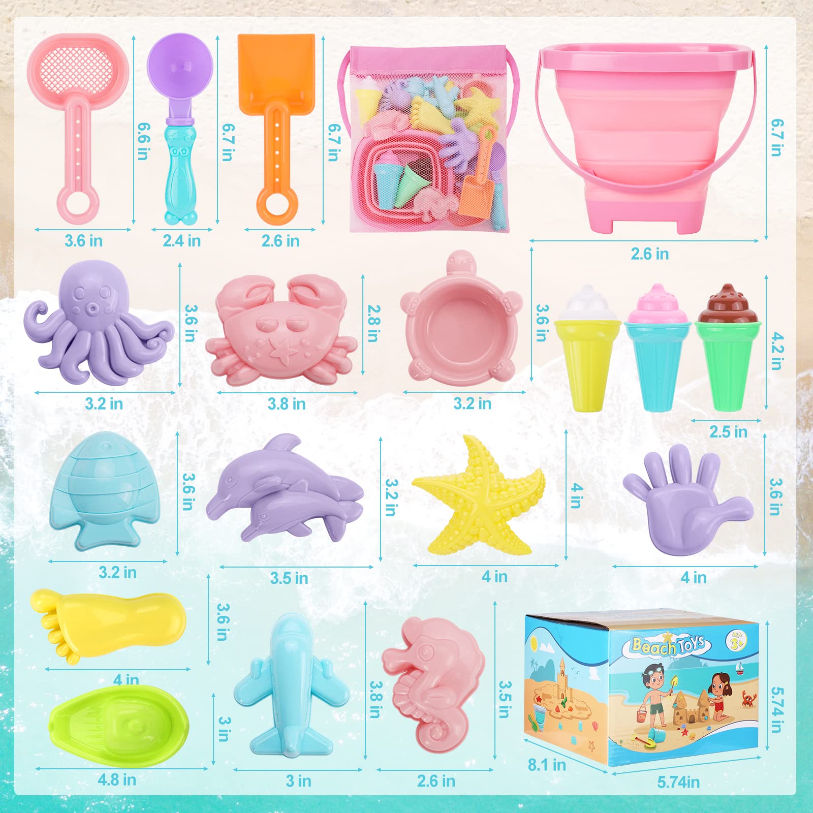 REZUCREY Beach Toys with Ice Cream, Collapsible Buckets for Kids Ages 3-12