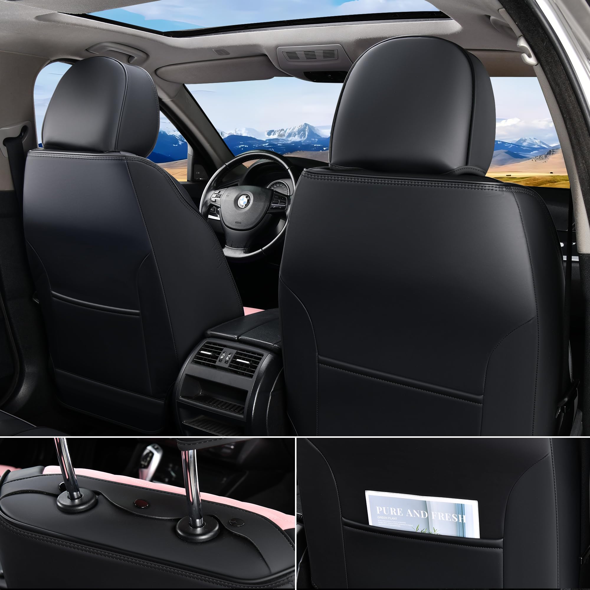 FLORICH Automotive Front Seat Covers for Cars, Waterproof Pink & Black Seat Covers, Leather Car Seat Covers 2 Pack, Universal Seat Protector for Most Cars Trucks SUV