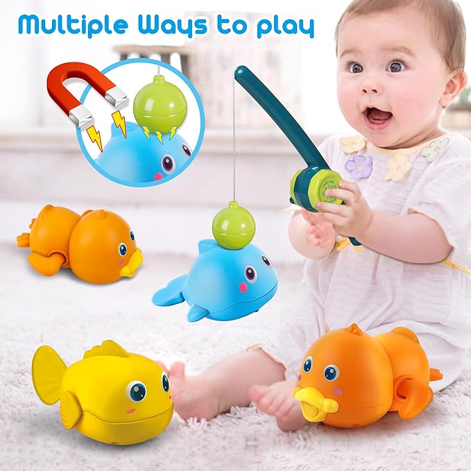 Dwi Dowellin Bath Toys for Toddlers, Magnetic Fishing Games Kids Bathtub Toys, Mold Free Wind-up Toys Swimming Fish Duck Whale Floating Water Toys for Kids Baby Infant