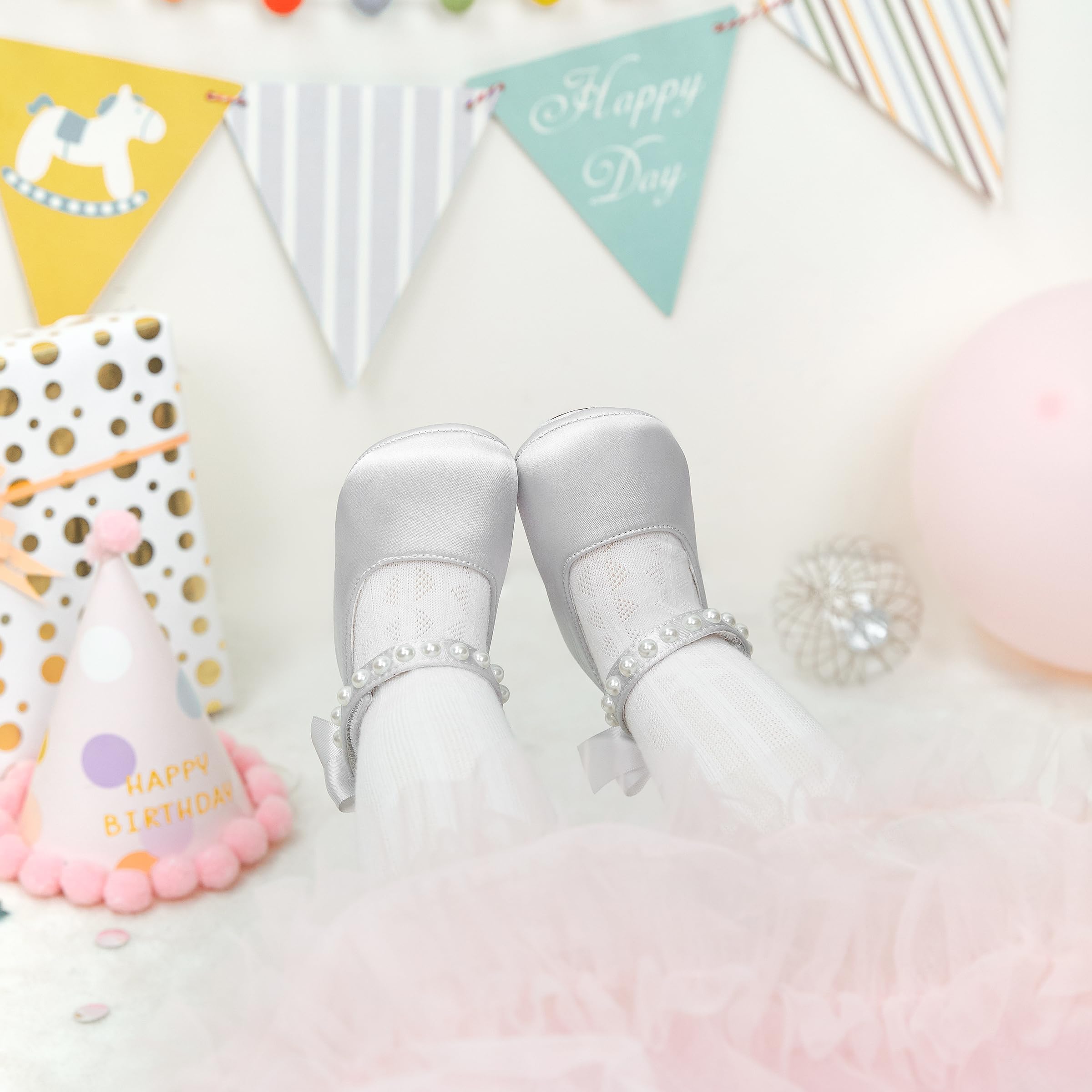PHIRAMIN Baby Girls Silver Grey Mary Jane Flats - Infant 9-12 Months Walking Shoes Soft Rubber Sole Princess Wedding