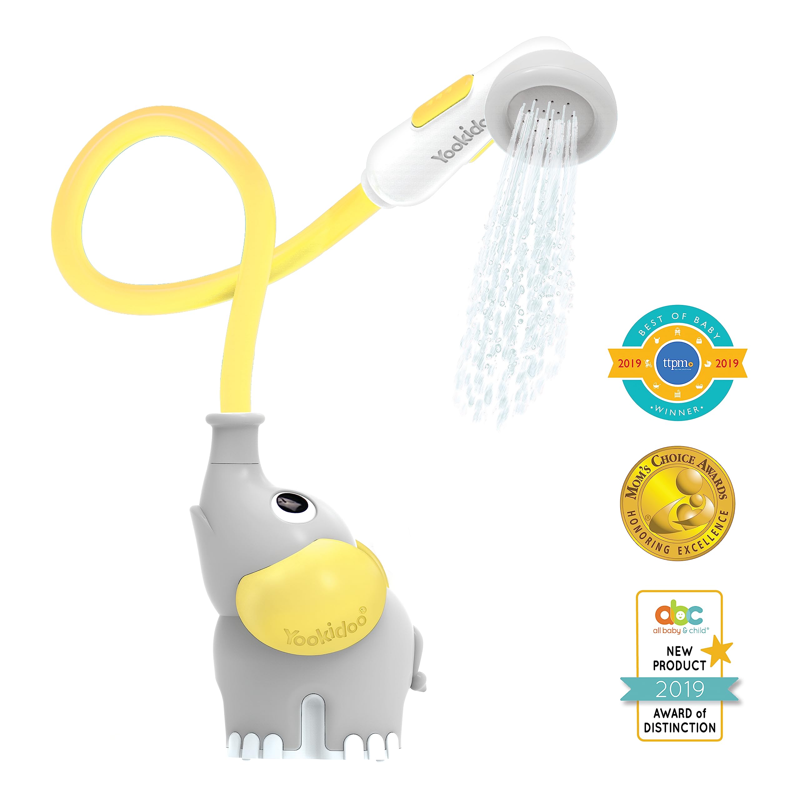 Yookidoo Baby Bath Shower Head - Elephant Water Pump and Trunk Spout Sprayer - One Handed Flow Control for Newborn Babies in Tub Or Sink (Yellow)