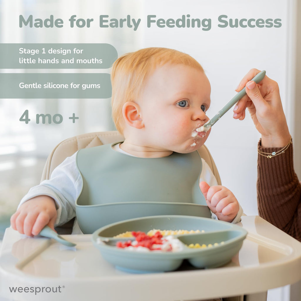 WeeSprout Silicone Baby Spoons - First Stage Infant Feeding Utensils With Soft-Tip, Bendable Kitchenware for Parent & Self-Feeding, Ultra-Durable, Dishwasher Safe, Travel Case, Set of 3