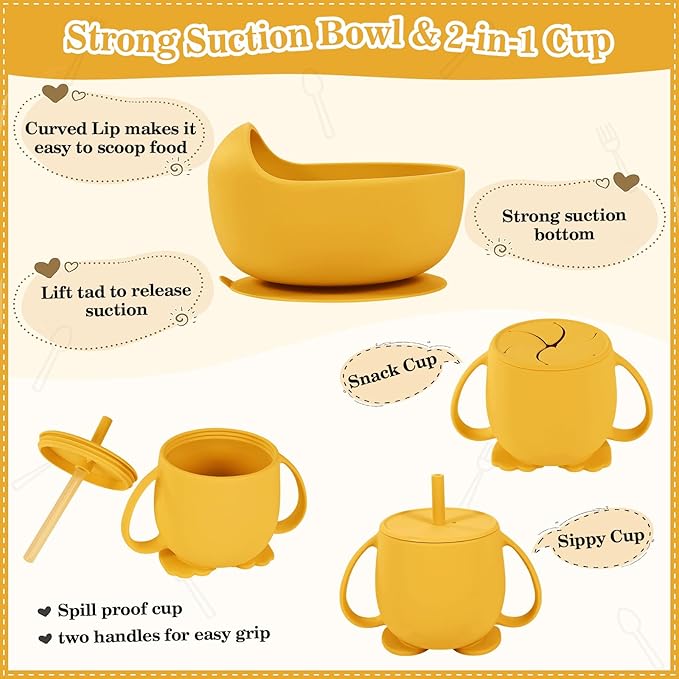 Silicone Baby Feeding Set 10 Pcs Baby Led Weaning Supplies Suction Bowl Divided Plate Baby Bibs Fruit feeder Pacifier Baby Spoons Forks Sippy Cup Utensil Sets Baby Essentials for Newborn Gift Yellow