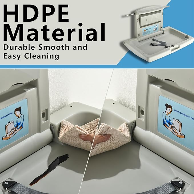 Fold-Down Baby Changing Station - Wall-Mounted, Space-Saving Design with Safety Straps for Commercial & Residential Restrooms (Grey)