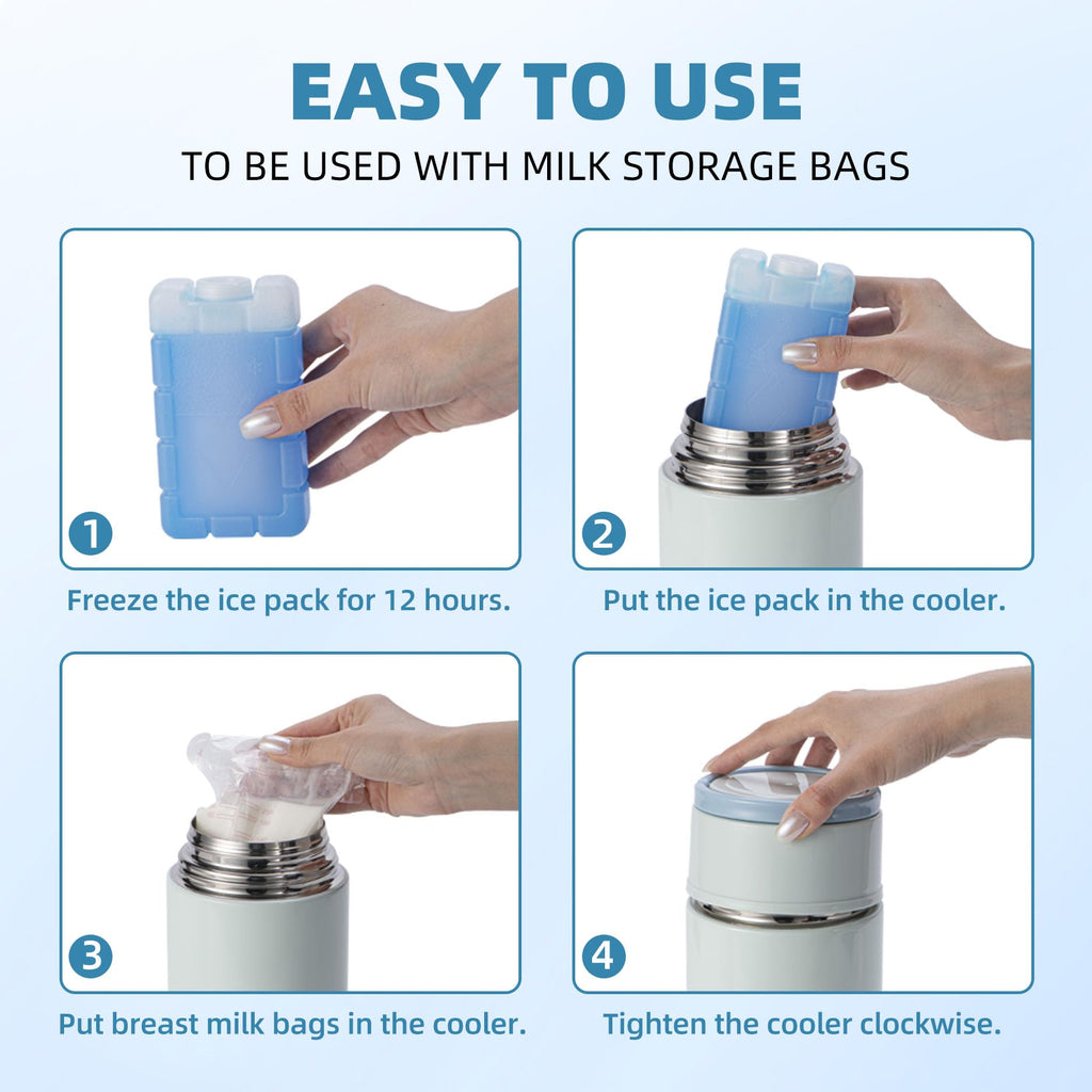 Portable Breast Milk Cooler, Stainless Steel Breastmilk Storage Keeps Breastmilk Cold for up to 24 Hours, Breast Milk Chiller Included Ice Pack for Women Outdoor Travel - White