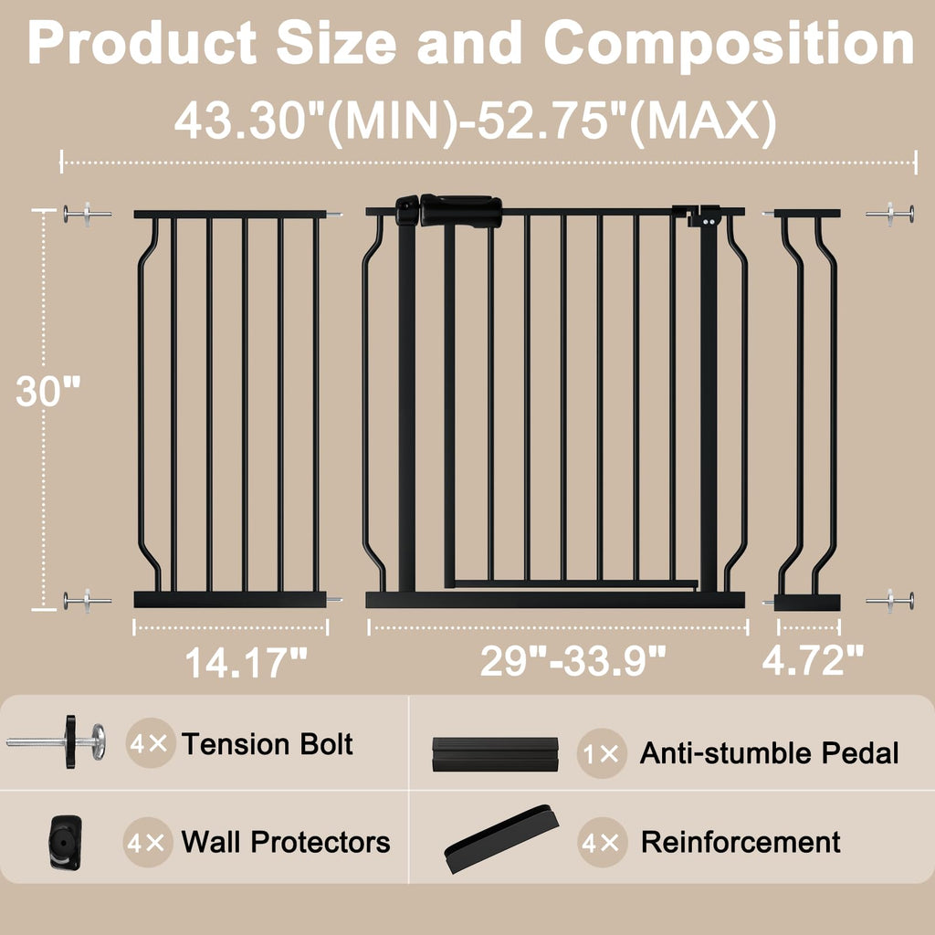 WAOWAO 43.3-52.75" Extra Wide Baby Gate Pressure Mounted 30" Tall Black