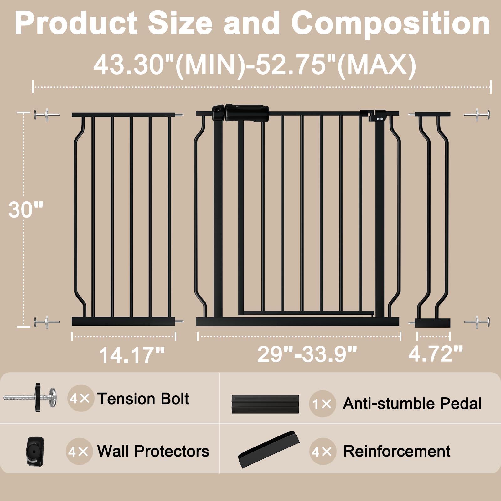 WAOWAO 43.3-52.75" Extra Wide Baby Gate Pressure Mounted 30" Tall Black