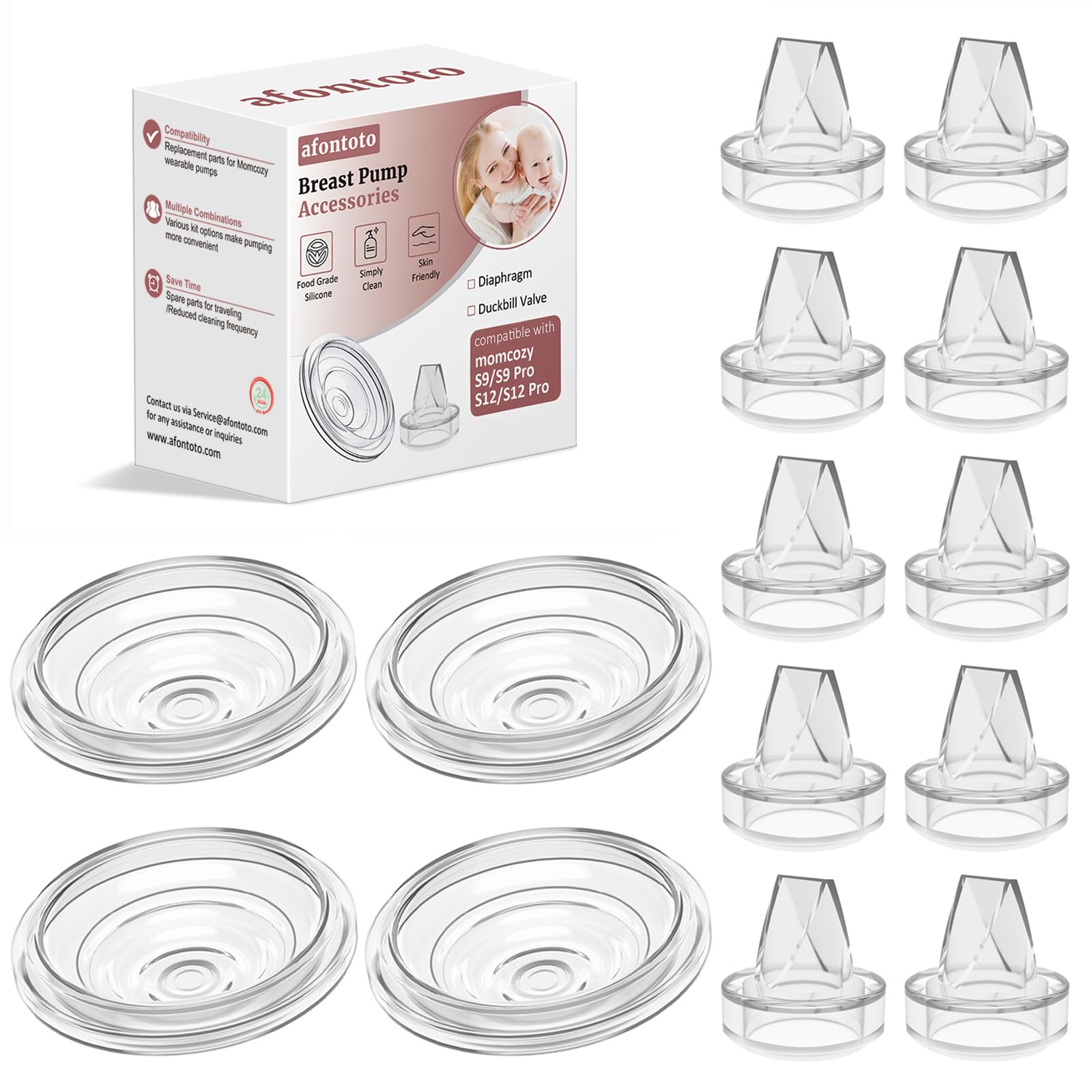 14Pack Breast Pump Parts Compatible with momcozy S9 Pro/S12 Pro/S9/S12 Wearable Breastpump, 10Pack Duckbill Valve & 4Pack Silicone Diaphragm Breast Pump Replacement Parts Breastfeeding Essentials Kit