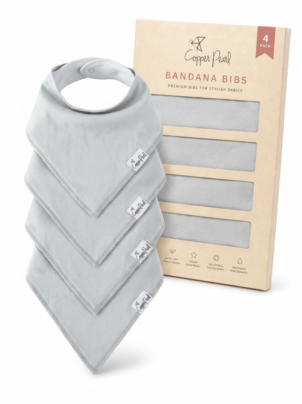 Copper Pearl Baby Bibs for Baby Boy or Girl – Bandana Drool Bibs for Teething, Absorbent Bibs for Eating, Newborn to Toddler, 4 Pack, Gray Basics