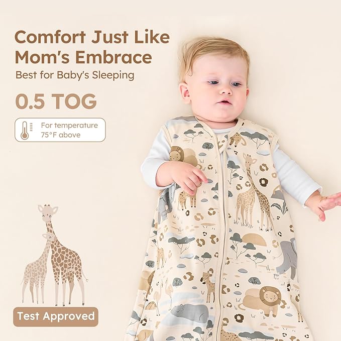 Baby Sleep Sack 12-18 Months 100% Cotton Lightweight 0.5 TOG Wearable Blanket Baby Sleep Bag with 2-Way Zipper for Infant Toddler Apricot Elephant