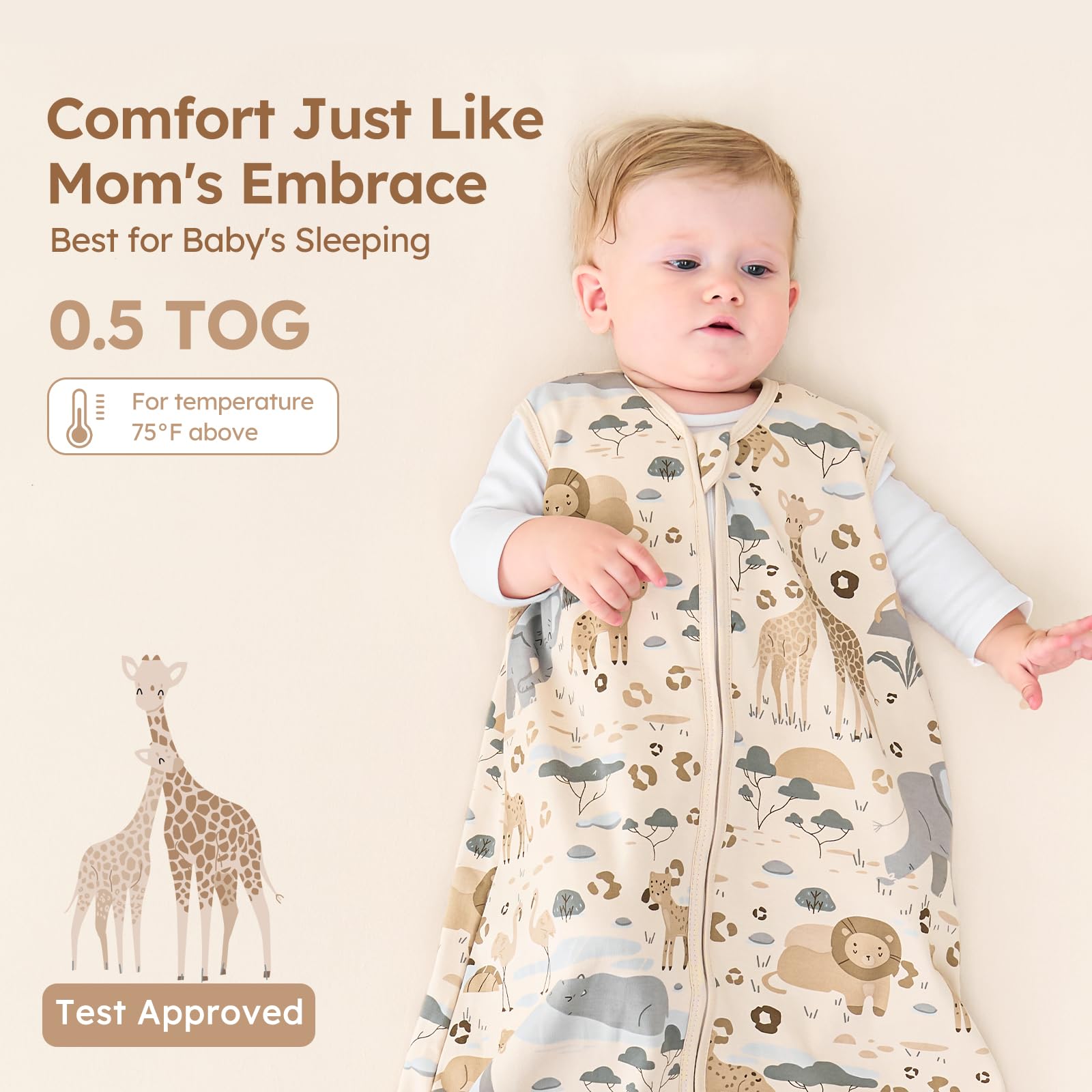 Unnivoll Baby Sleep Sack 12-18 Months 100% Cotton Lightweight 0.5 TOG Wearable Blanket Baby Sleep Bag with 2-Way Zipper for Infant Toddler Apricot Elephant