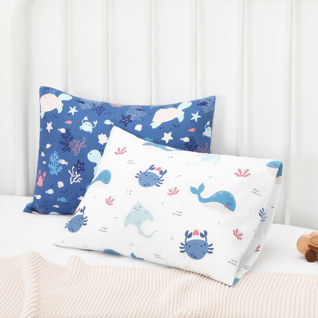 TILLYOU Toddler Pillowcase 2 Pack with Envelope Closure,13" x 18" Silky Soft Microfiber Travel Kids Pillowcase for Boys and Girls, Beach Time Turtle&Manta Ray