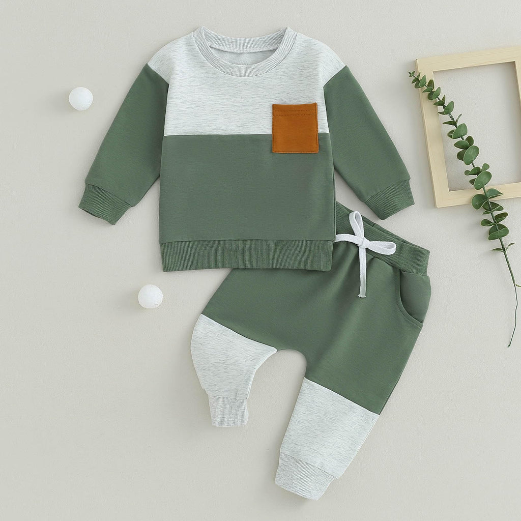 Toddler Baby Boy Fall Clothes Waffle Contrast Color Sweatshirt Pants Sets Infant Winter Outfits 6 12 18 24 Months (Letter Green, 12-18 Months)