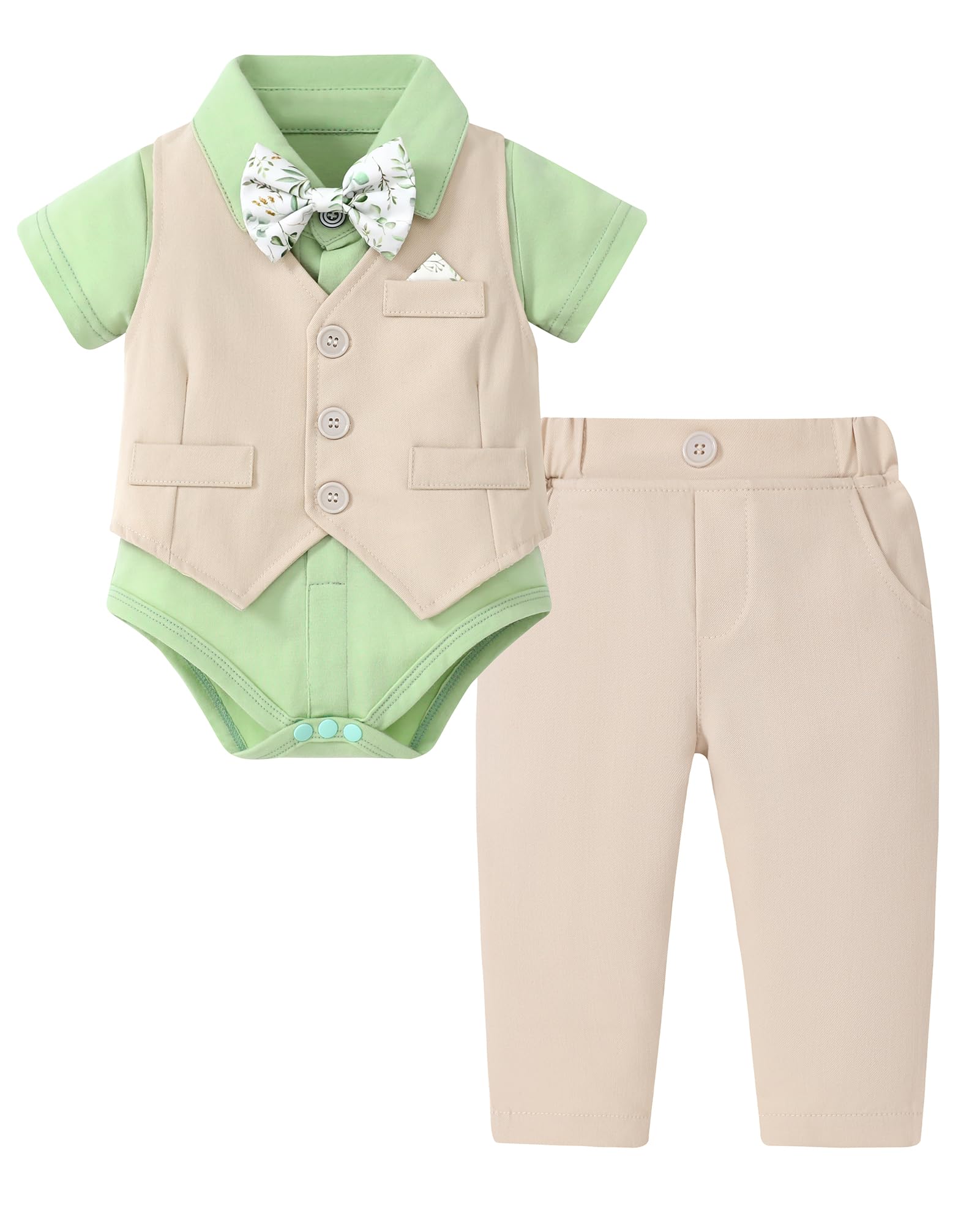 DISAUR Christening Outfits For Boys Short Sleeve Infant Grass Green Shirt Apricot Vest Pants Bow Tie Newborn Suit For Baby Boy 3 6 Months