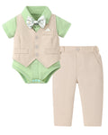 DISAUR Baby Boy Suit Short Sleeve Infant Grass Green Shirt Apricot Vest Pants Bow Tie Baby Boy Thanksgiving Outfit 9 12 Months 1t