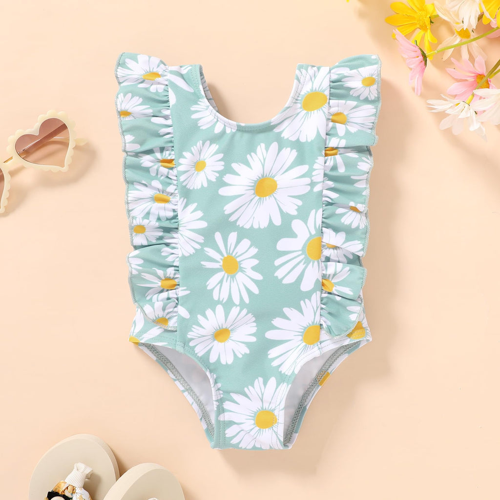 Newborn Baby Girl Ruffle Swimsuit Infant Toddler One Piece Floral Bikini Beach Bathing Swimwear Set(W2 Green,12-18 Months)