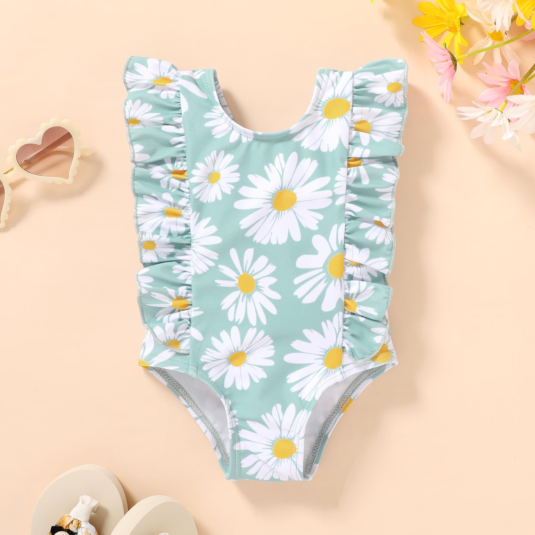 Newborn Baby Girl Ruffle Swimsuit Infant Toddler One Piece Floral Bikini Beach Bathing Swimwear Set(W2 Green,12-18 Months)