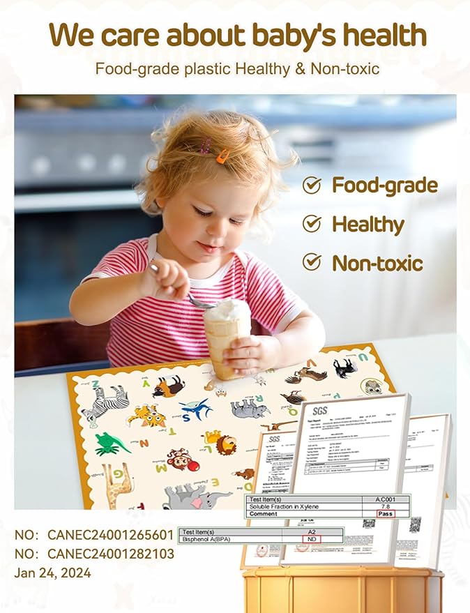 65 Pack Sticky Disposable Placemats for Baby & Toddlers,Toddler Placemat 12"x18" Kids Table Mat for Party, Picnic Table, Restaurants Dining Table Travel Essentials for Toddlers with 5 Designs