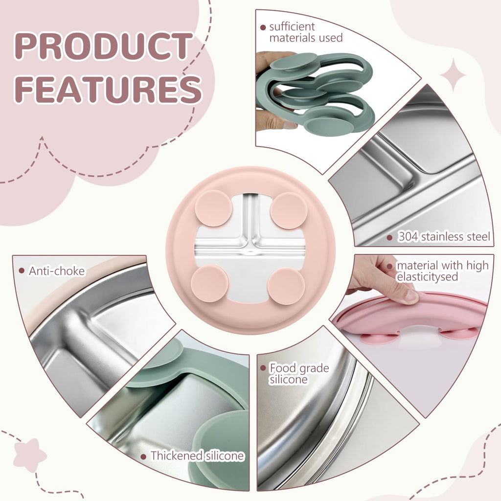 SPMKTQK 3 Pack Stainless Steel Kids Plates, Suction Divided, Baby Feeding