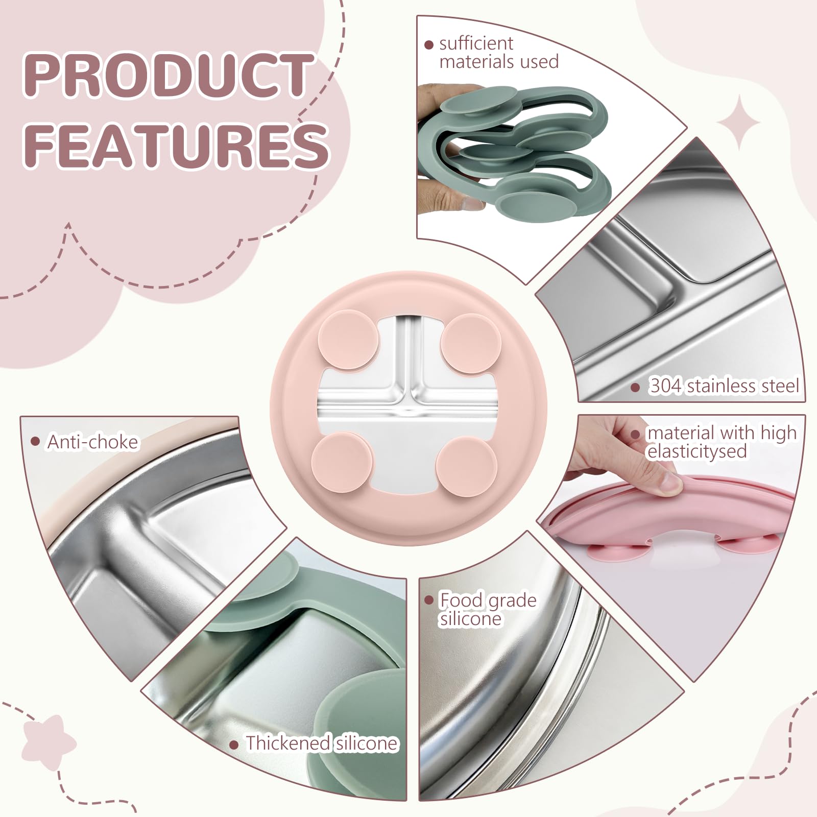 SPMKTQK 3 Pack Stainless Steel Kids Plates, Suction Divided, Baby Feeding