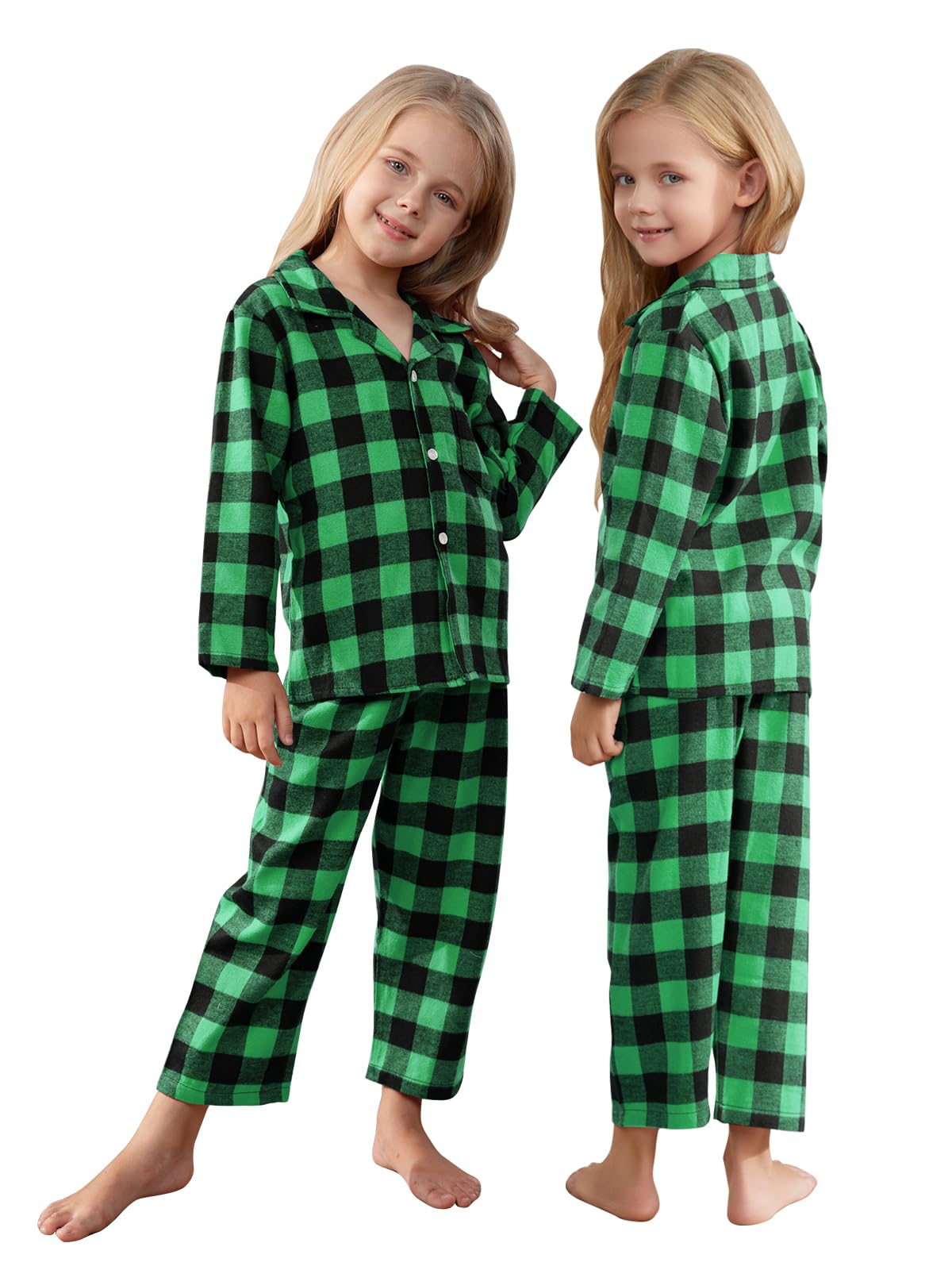 Schbbbta Kids Plaid Pajamas Set, Baby Toddler Little Boy's Girl's 2-Piece Button Down Sleepwear Pjs, Black Green, 13-14 Years = Tag 170