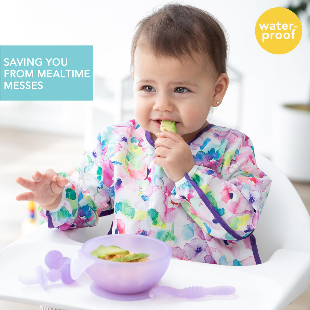 Bumkins Sleeved Bib for Girl or Boy, Baby and Toddler for 6-24 Mos, Essential Must Have for Eating, Feeding, Baby Led Weaning, Long Sleeve Mess Saving Food Catcher, Soft Fabric, Watercolors Floral