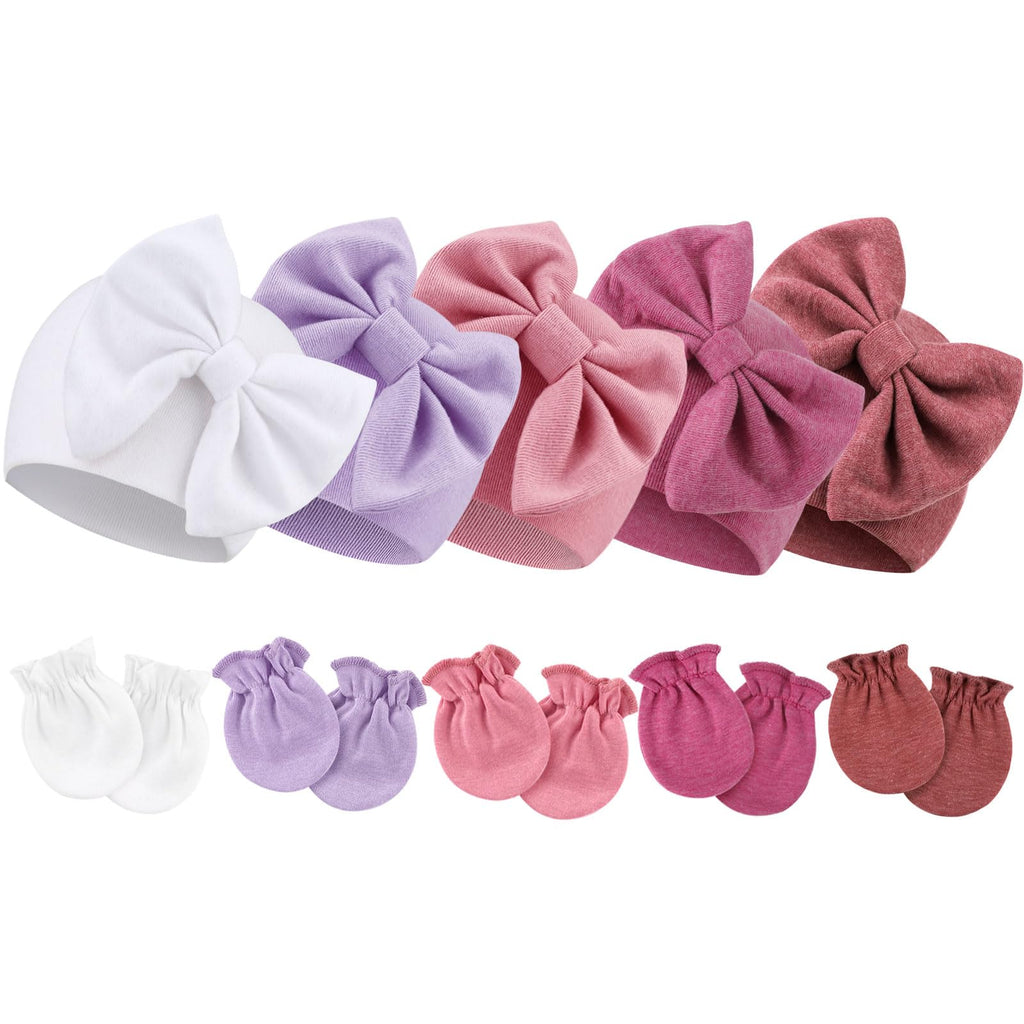 BQUBO Newborn Baby Girls Hats Mittens Set Hospital Hat Beanie Infant Bow Hats Baby Cotton Gloves No Scratch Mittens for 0-6 Months