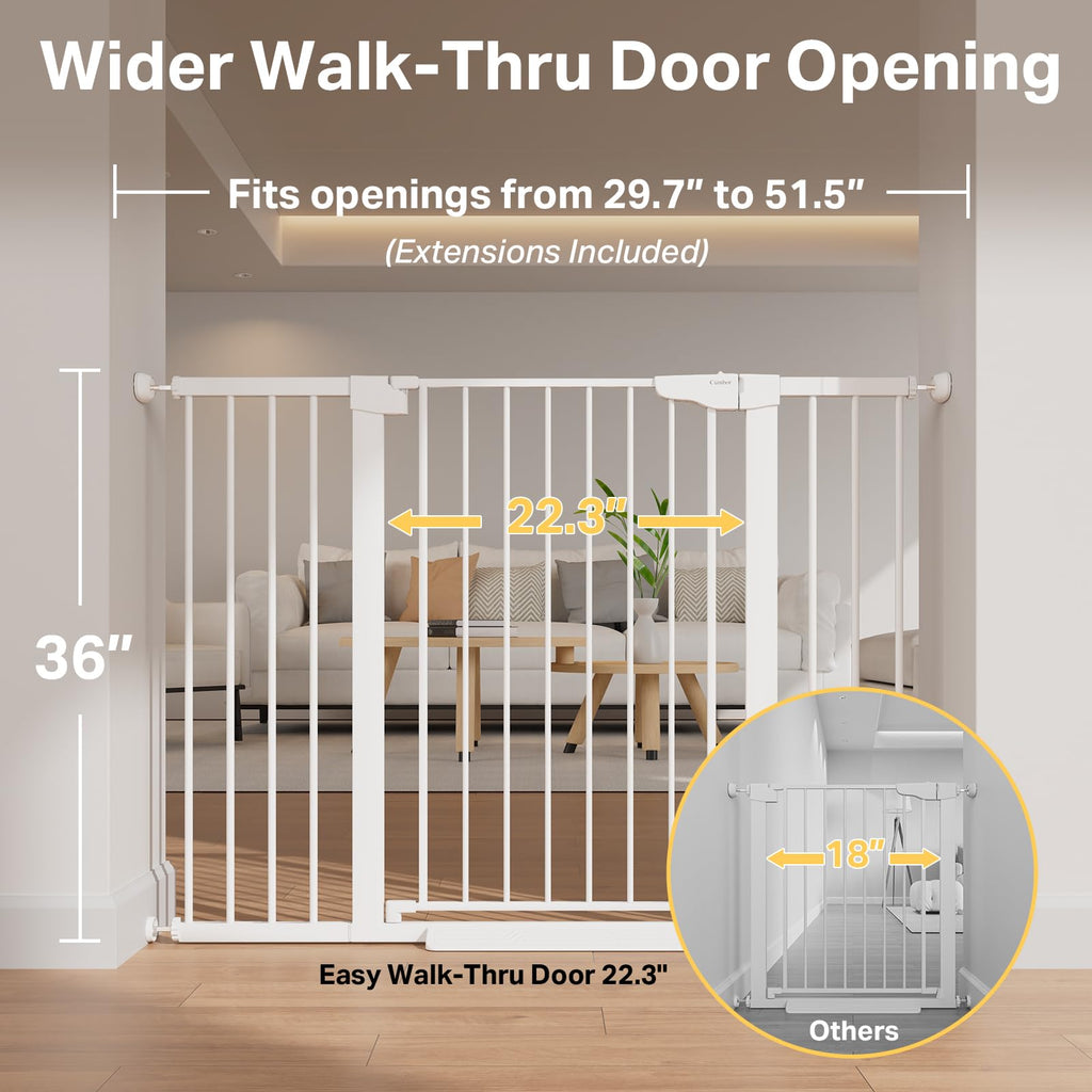 Cumbor 36" Extra Tall 29.7-51.5" Baby Gate for Stairs, Easy Walk Through Dog Gates for Doorways Extra Wide, Pressure Mounted Tall Pet Gate Indoor, Safety Auto-Close Child Gate for Kids, White