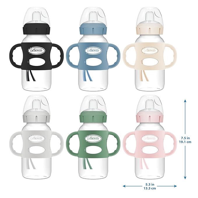 Dr. Brown's Milestones Wide-Neck Sippy Spout Bottle with 100% Silicone Handles, Easy-Grip Handles with Soft Sippy Spout, 9oz/270mL, Black & Ecru, 2-Pack, 6m+