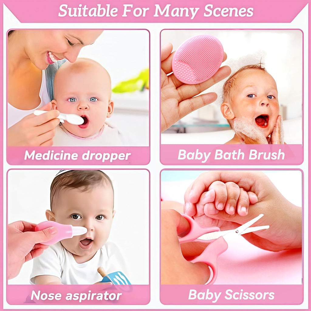 Baby Healthcare and Grooming Kit, 20 in 1 Portable Baby Safety Care Set with Hair Brush Comb Nasal Aspirator Electric Nail Trimmer Set Baby Essentials kit for Newborn Boys Girls (Pink)