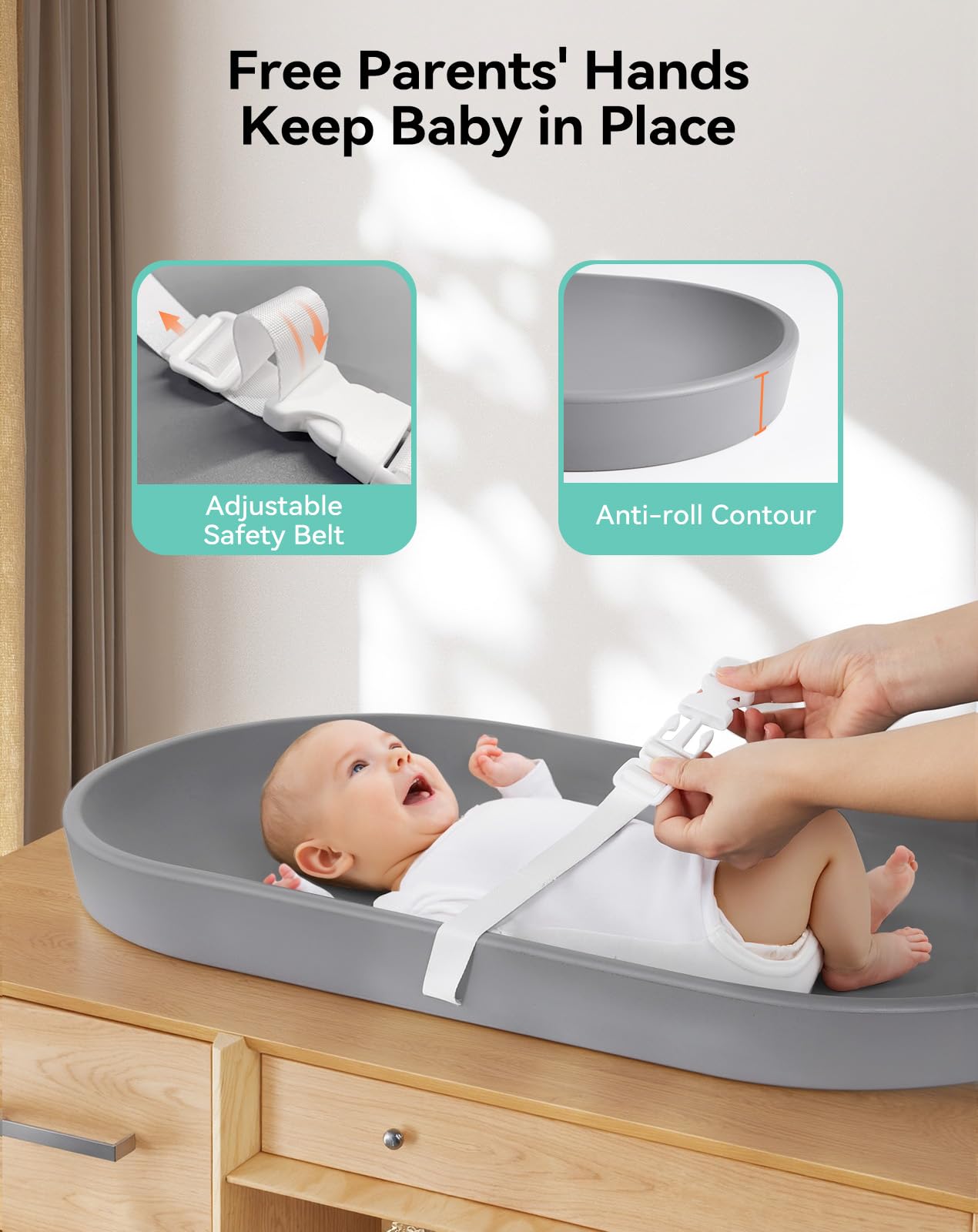COMOMY Baby Changing Pad for Dresser - Wipeable Changing Pad with Restraining Belt, Waterproof, Soft, Lightweight and Portable, Easy to Clean for On The Go Diaper Change, Grey