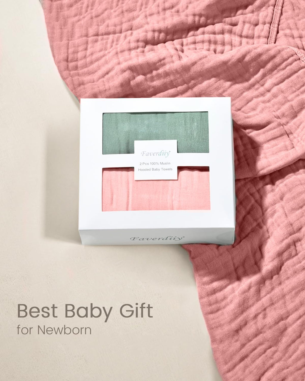 FAVERDIIY Hooded Baby Towels for Newborn, 35x35 Inch 2 Pack 100% Muslin Cotton Baby Bath Towel with Hood for Baby Toddler and Kids Baby Boy & Girl Towels, Dusty Pink+ Roman Green
