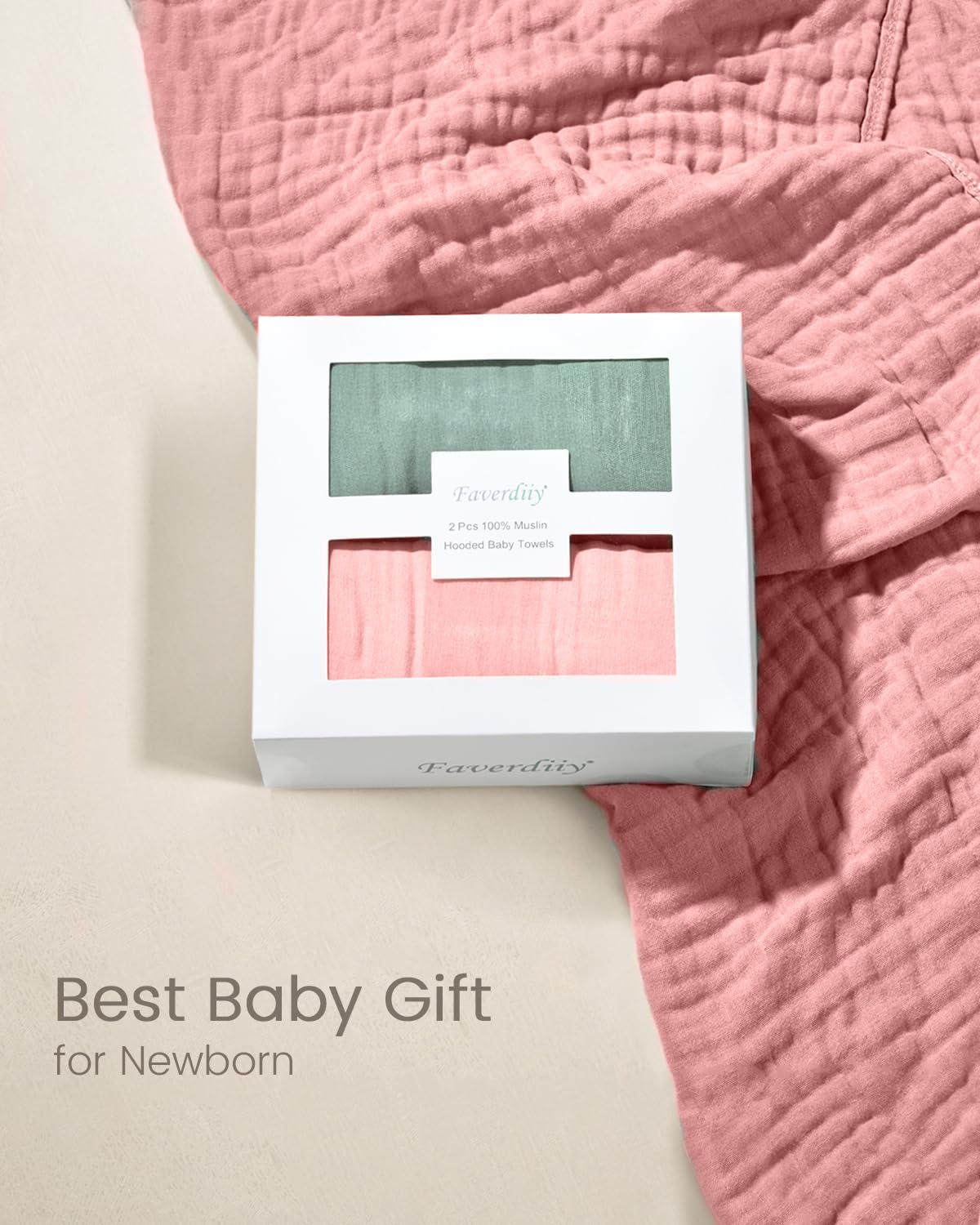 FAVERDIIY Hooded Baby Towels for Newborn, 35x35 Inch 2 Pack 100% Muslin Cotton Baby Bath Towel with Hood for Baby Toddler and Kids Baby Boy & Girl Towels, Dusty Pink+ Roman Green
