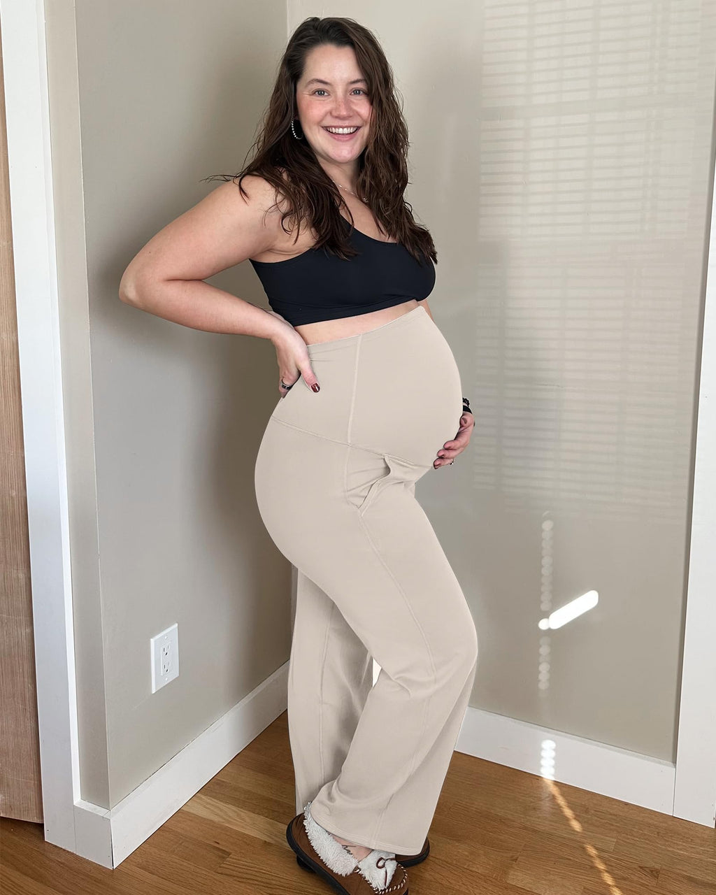 G4Free Maternity Dress Pants Over the Belly for Yoga,Light Khaki,XS,Tall