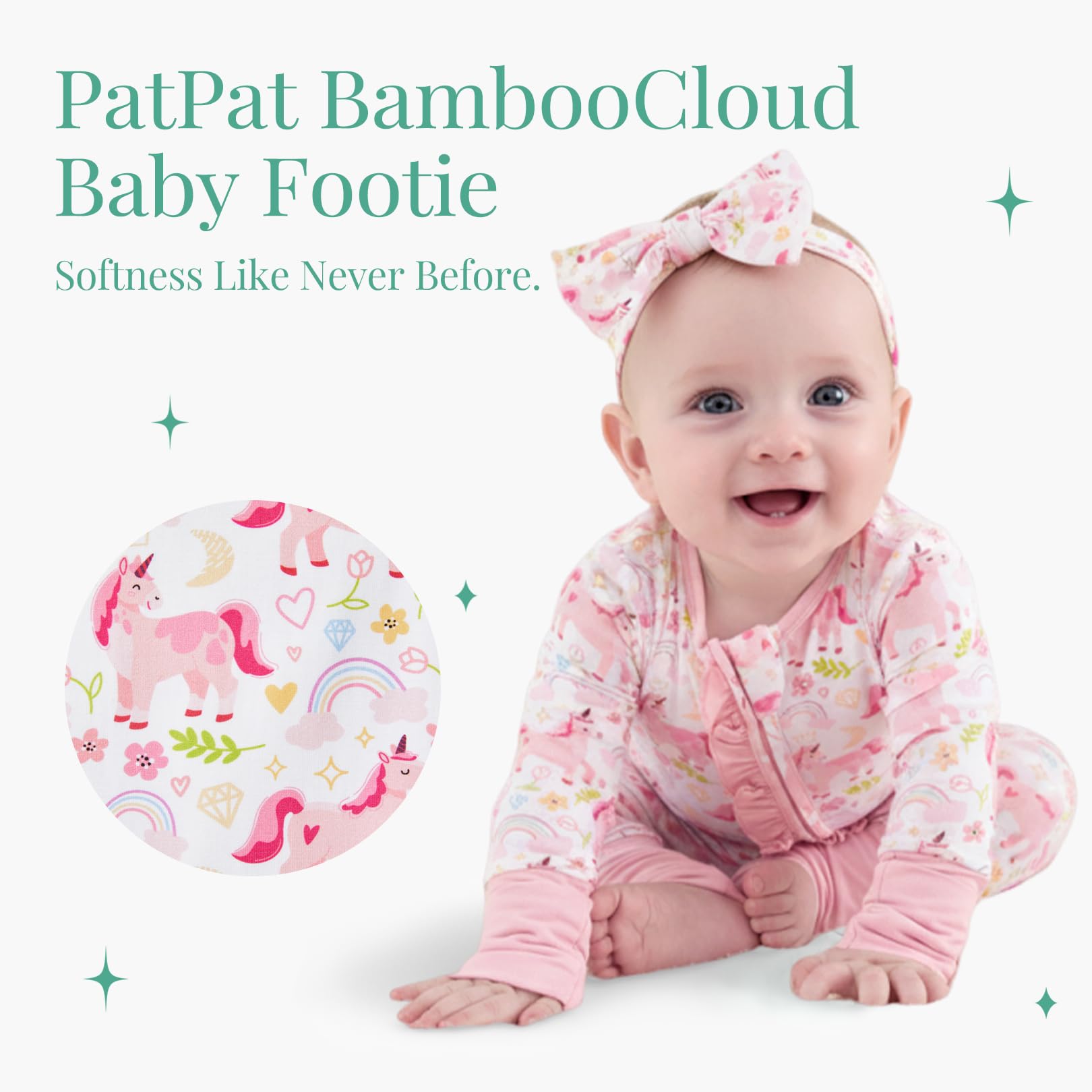 PATPAT Baby Girl Infant Clothes Footie – Soft Viscose from Bamboo, Stretch Feel – 2-Way Ruffled Zipper, Fold-Over Mittens & Cuffs Pink Unicorn 0-3 Months