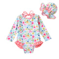 Infant Baby Girls Long Sleeve One Piece Swimsuit with Hat Floral Zipper Bathing Suit Leopard Beach Wear (Pink Edged Floral Fragments，12-18Months)