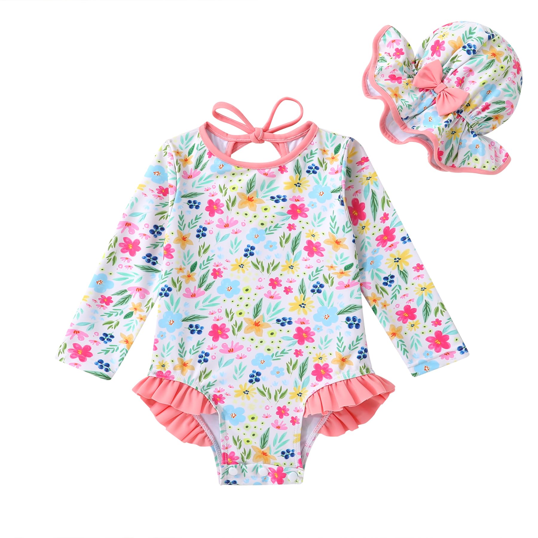 Infant Baby Girls Long Sleeve One Piece Swimsuit with Hat Floral Zipper Bathing Suit Leopard Beach Wear (Pink Edged Floral Fragments，12-18Months)