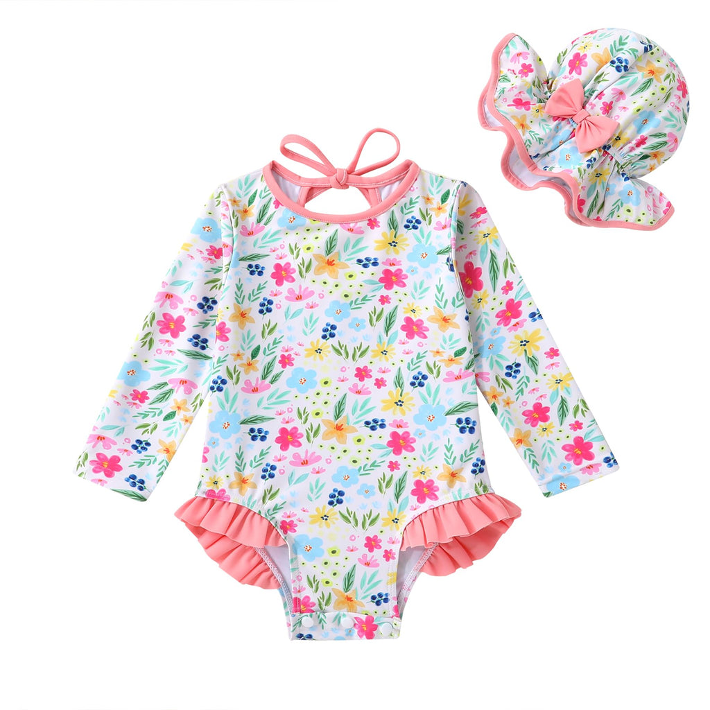Infant Baby Girls Long Sleeve One Piece Swimsuit with Hat Floral Zipper Bathing Suit Leopard Beach Wear (Pink Edged Floral Fragments，12-18Months)