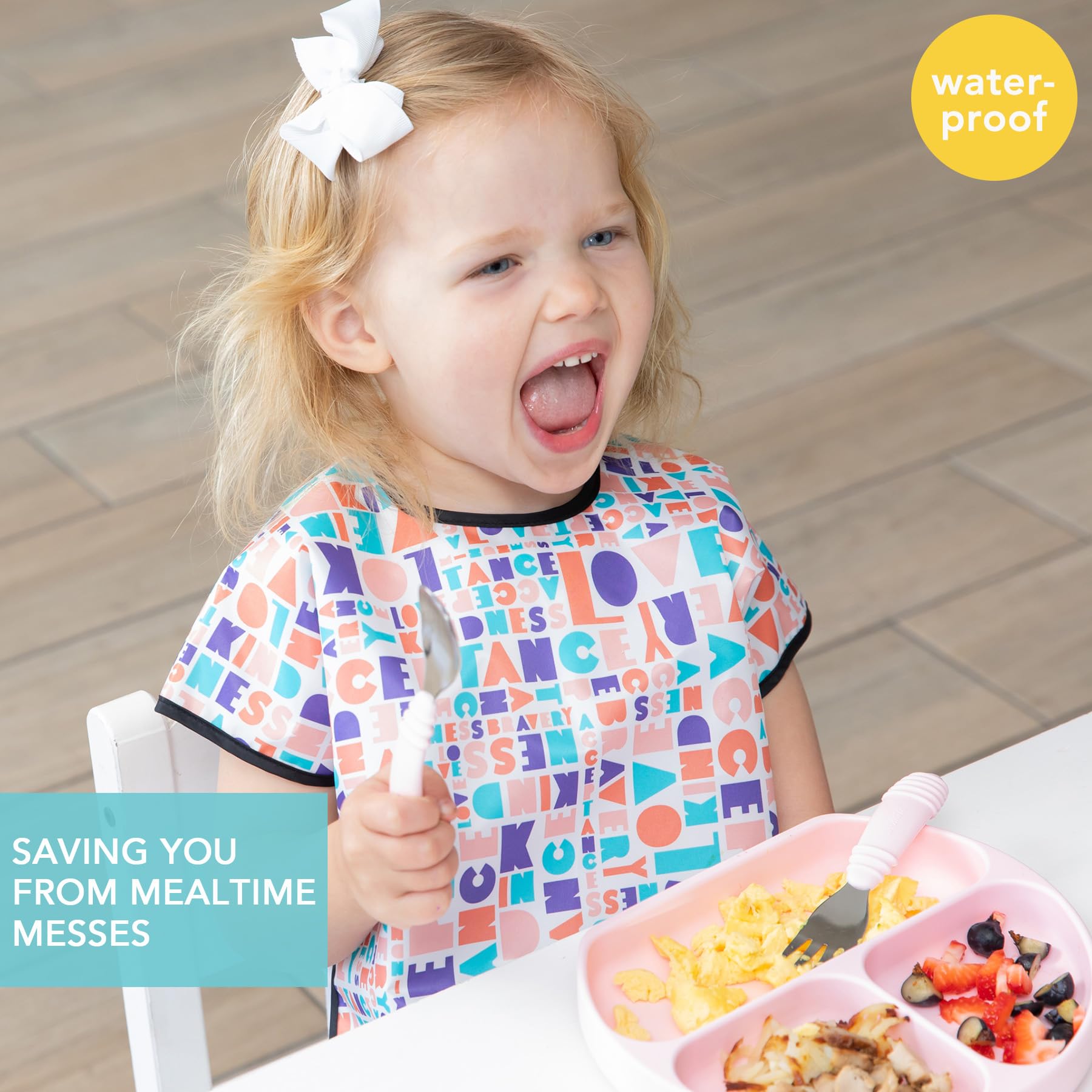 Bumkins Short Sleeve Bib for Girl or Boy, Toddler and Kids for 1-3 Years, Large Size, Essential Must Have for Junior Children, Eating, Mess Saving Soft Fabric Apron for Play, Born This Way Kindness