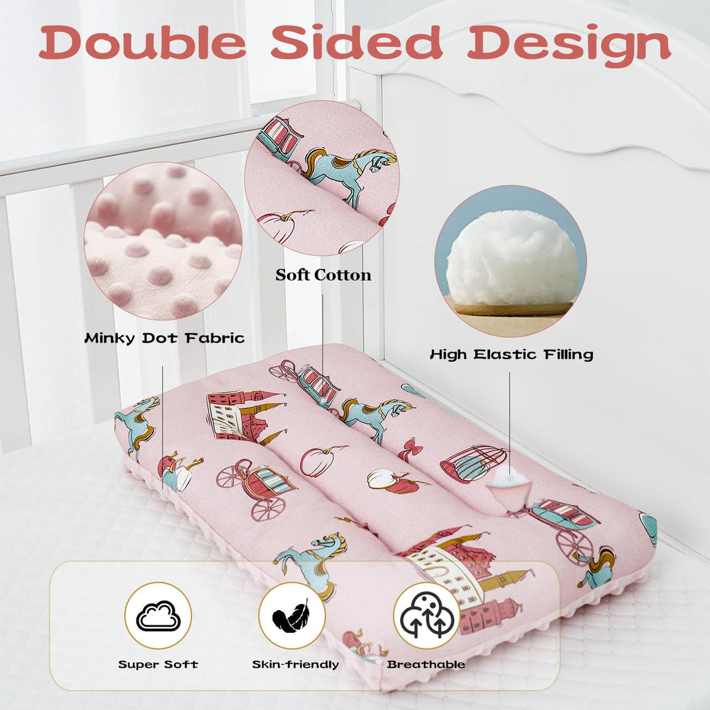 Reidio 1Pcs Toddler Pillow Double Sided Breathable Soft Cotton & Minky Dot Fabric Kids Pillow Cute Small Pillow Machine Washable (Yellow Carriage)