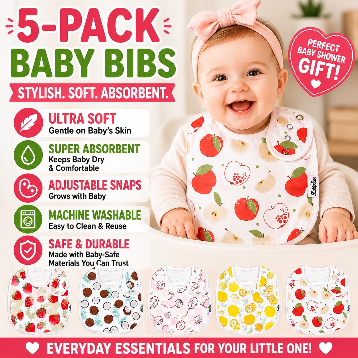 KiddyStar Organic Cotton Baby Drool Bibs | Soft, Adjustable, Absorbent, Unisex Teething Bandana Bibs for Babies | 5 Pack