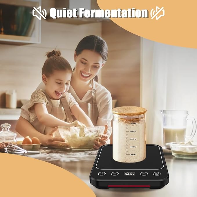Sourdough Starter Warmer Mat, 12H Timer Warming Heating Pad, Precise 1°F Thermostat Control (70-100°F), Smart Memory Warming On/Off, Fits Jars Up to 40oz, Perfect for Home Baking (Full LCD Screen)
